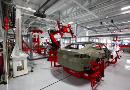 Robotic manufacturing of the Model S at a Tesla factory in Fremont, California. (Wikimedia commons)